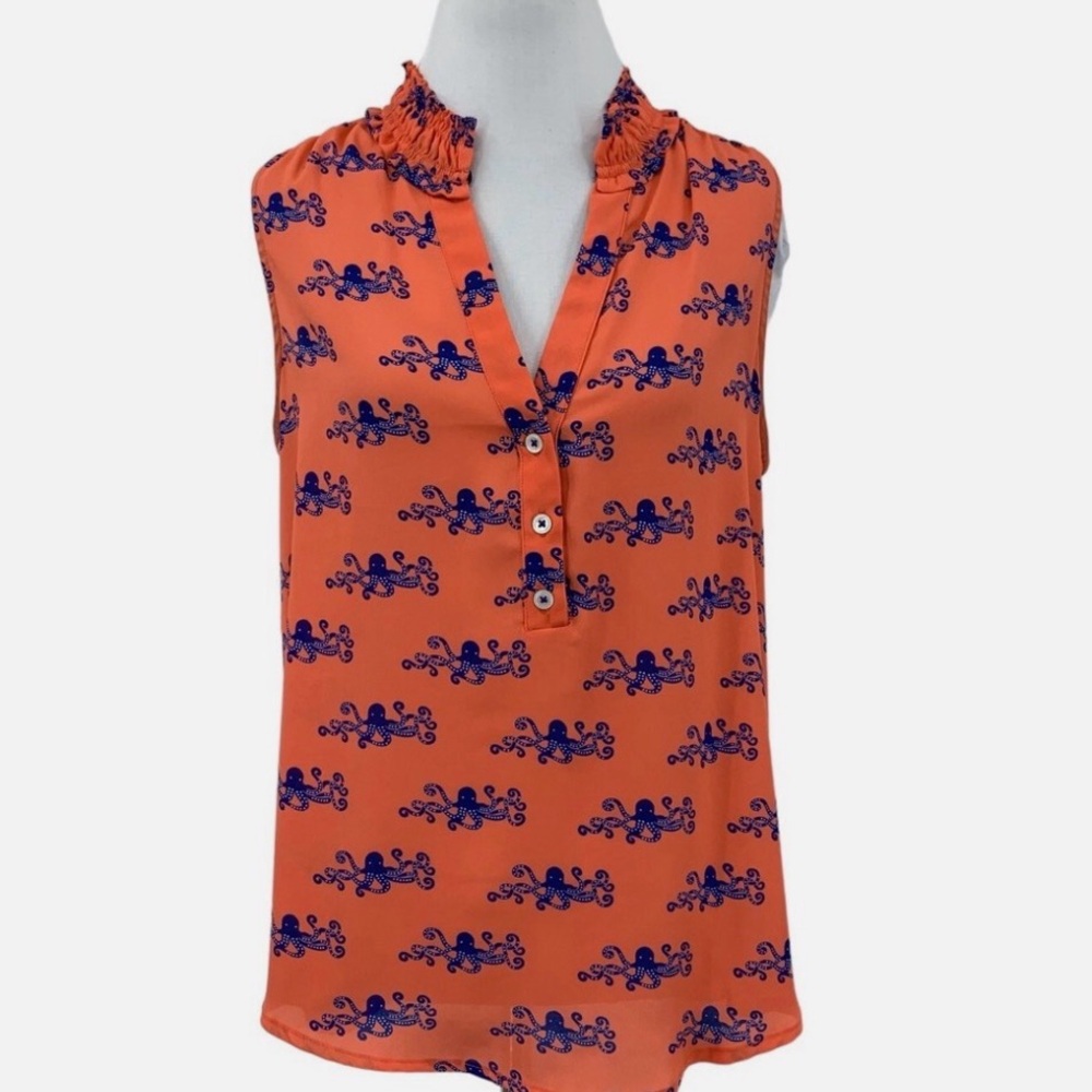 Maeve Blouse Coral Blu Smocked Notch Sleeveless Octopus Anthropologie Top Small